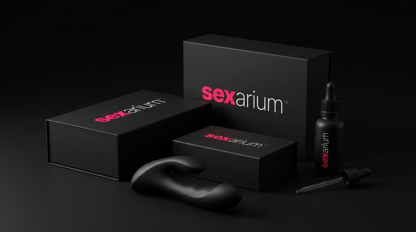 Sexarium matte-black packaging mockup with boxes, dropper bottle, and silicone product