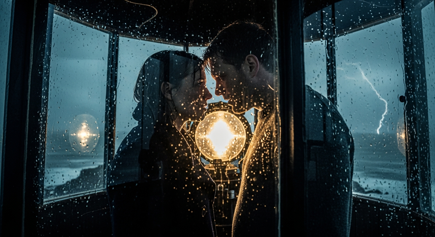 The Lighthouse Keeper's Embrace: a storm-swept night, a whispered confession